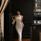 White halter neck dress summer new pleated party dress     S5618