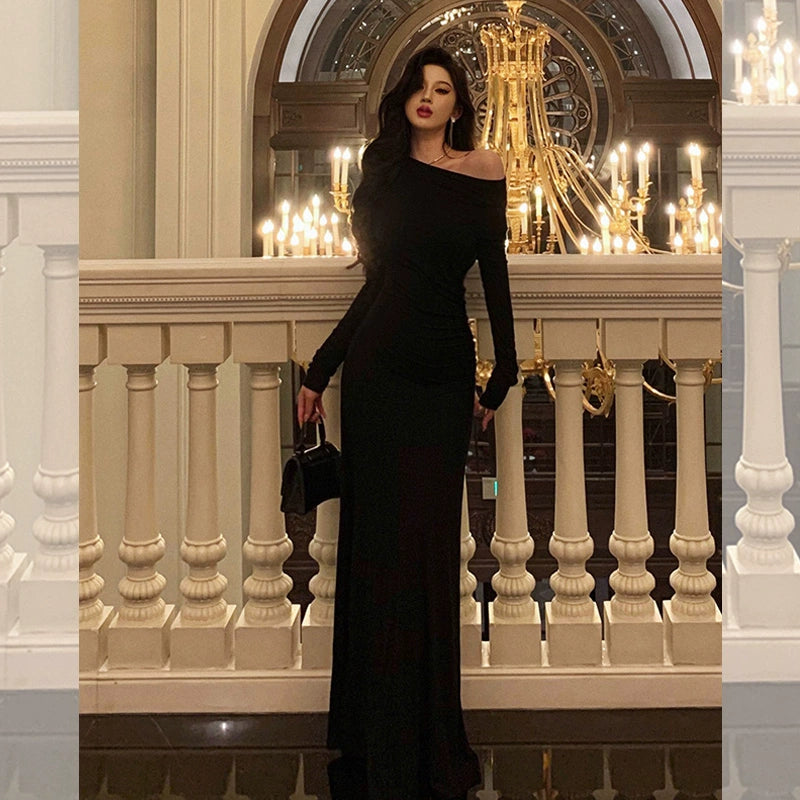 Black off-shoulder long-sleeved dress for women,long party dress     S5709