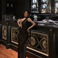 Black one-shoulder ribbon dress women evening party dress    S5508