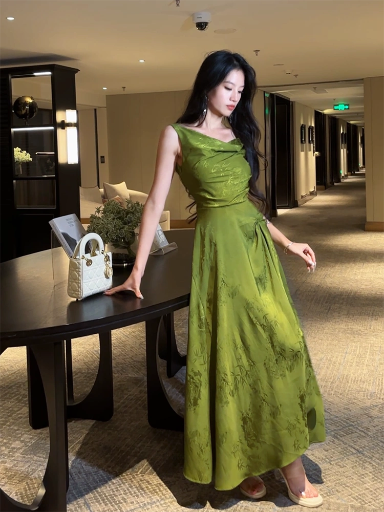 Jacquard off-shoulder dress long party dress     S6152