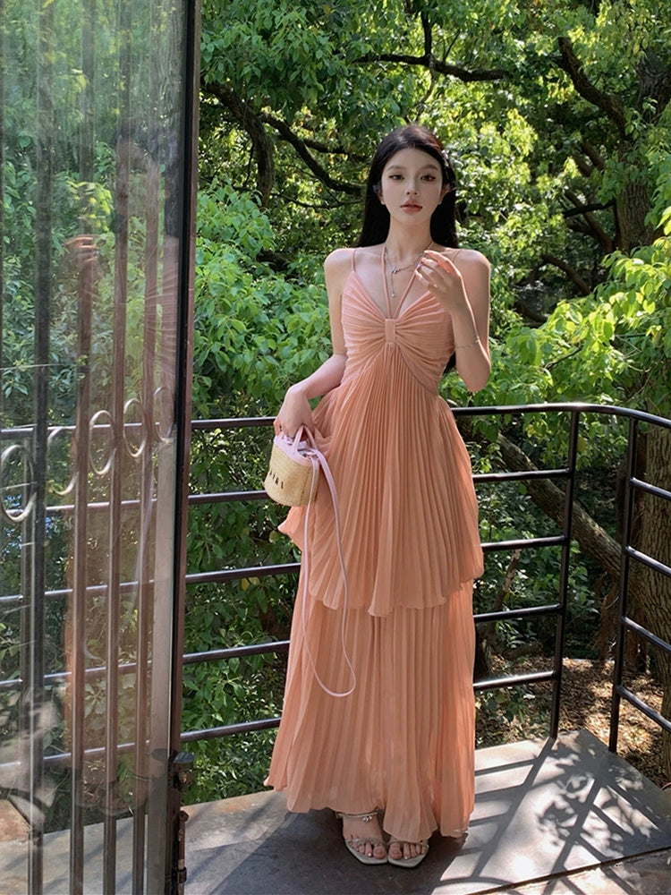 Halter neck dress women's long dress v-neck pleated a-line dress      S5901