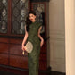Short-sleeved cheongsam dress for women new retro jacquard slit long party dress     S5667