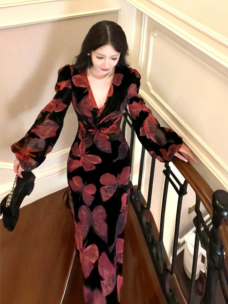 Retro velvet butterfly dress elegant V-neck long party dress    S6105