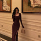 Purple knitted dress for women new retro square neck slit long party dress     S5632