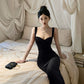 Birthday party dress banquet wine red velvet suspender dress     S5822