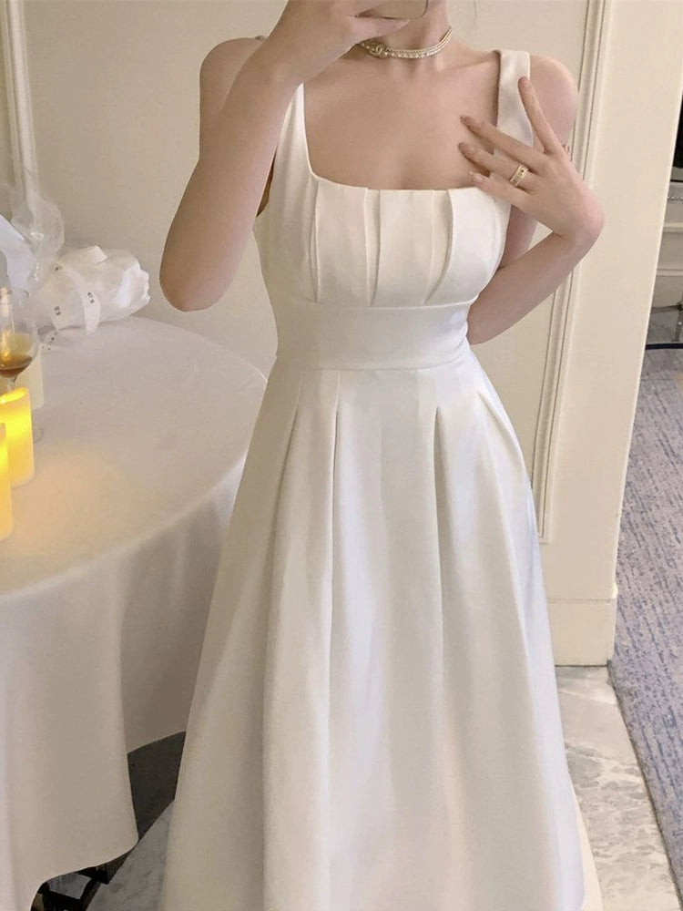 White satin a-line suspender dress for women new summer style long dress      S5812