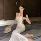 White pleated mermaid slit long party dress    S5915