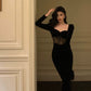Sexy square neck velvet dress for women new style lace splicing black dress    S5554