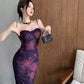 Purple printed dress for women summer lace slit sexy long party dress     S5907