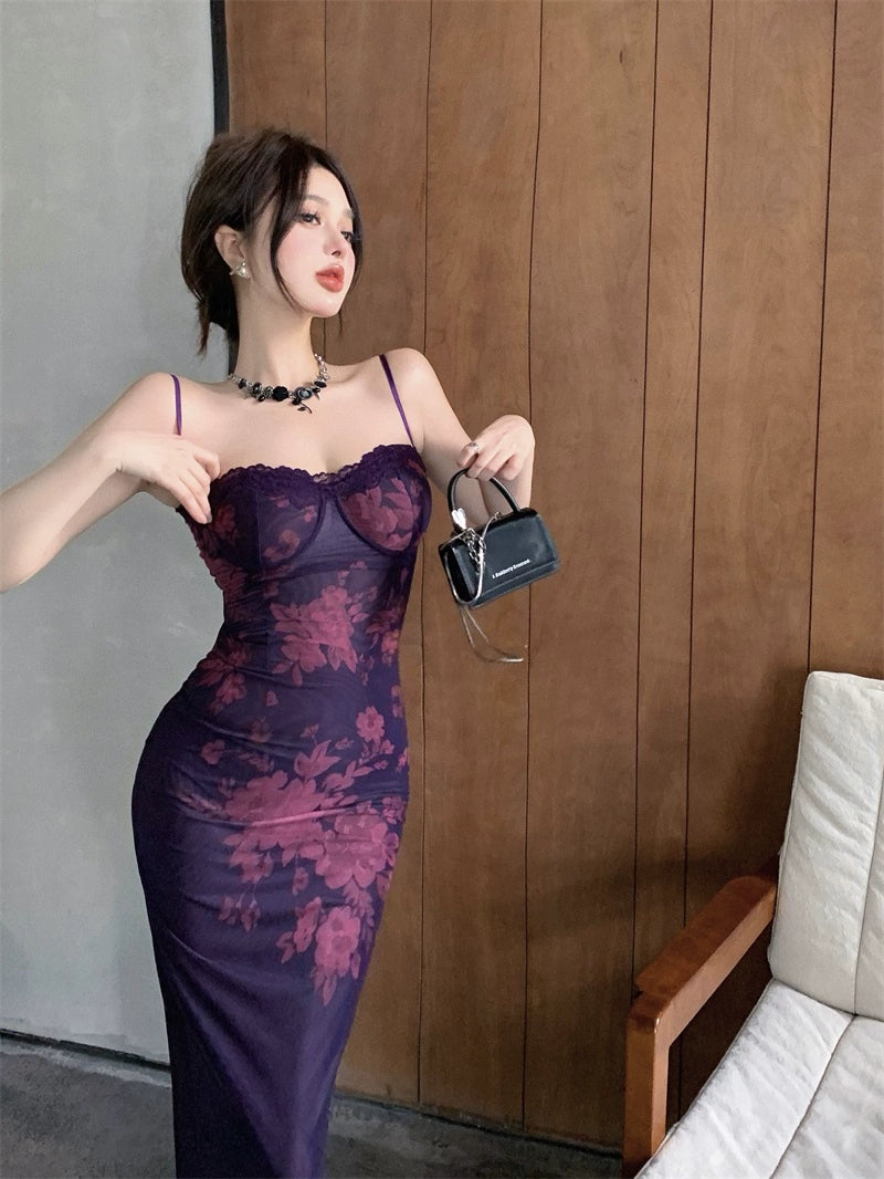 Purple printed dress for women summer lace slit sexy long party dress     S5907