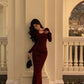 Red long-sleeved knitted dress party dress     S5700