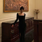 Black velvet dress women new square neck long sleeve party dress     S5664