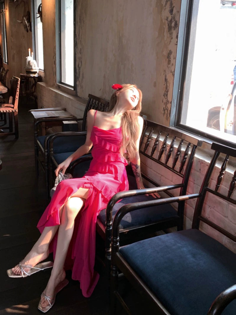 Hot pink ruffled dress summer sexy backless long party dress    S5914