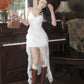 Lace V-neck dress for women irregular white beautiful mid-length party dress     S5909