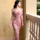 Retro Print Dress Butterfly Square Neck Puff Sleeve Elegant Long Dress      S6030