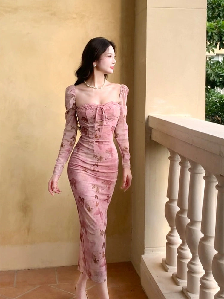 Retro Print Dress Butterfly Square Neck Puff Sleeve Elegant Long Dress      S6030