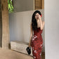 Retro red butterfly print V-neck dress for women summer long party dress      S5730