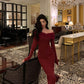 Red off-shoulder knitted dress for women winter new long party dress    S5601