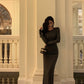 Gray long-sleeved dress for women new pleated  long party dress     S5689