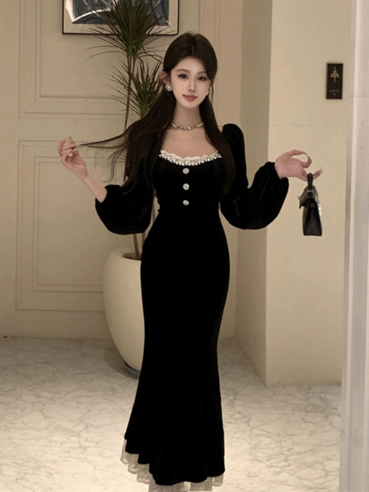 Black velvet dress for women winter birthday dress party dress      S5877