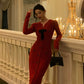 Red knitted dress for women V-neck party dress    S5605