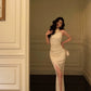 Flower lace halter neck top + pleated hip-wrapped slit skirt two-piece suit for women party dress     S5701