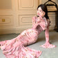 pink printed dress long sleeve mermaid Long Evening Gowns        S6015