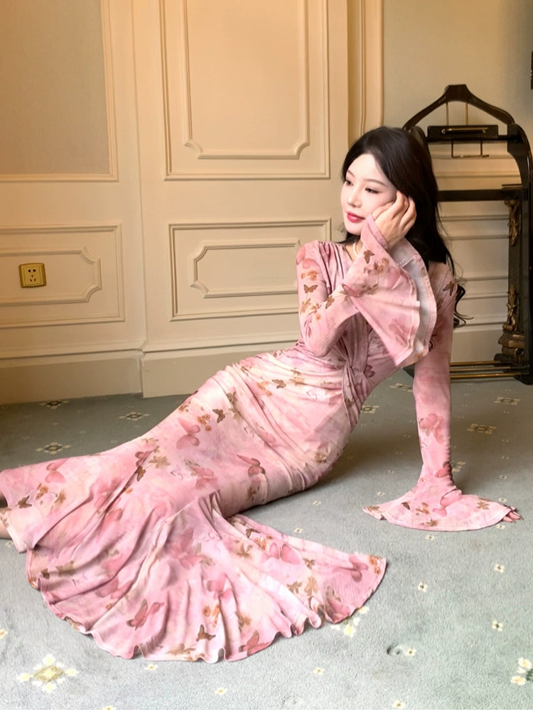 pink printed dress long sleeve mermaid Long Evening Gowns        S6015