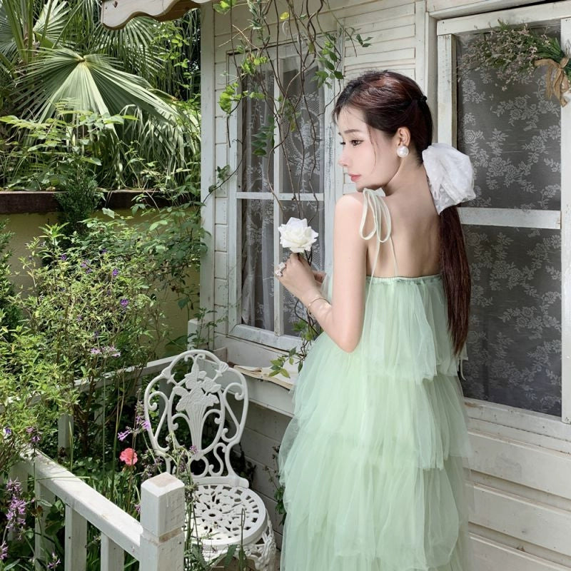 Green tulle dress for women summer new Multi-layer long dress    S5863