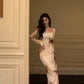 French long-sleeved floral dress for women new sexy square neck slit long dress     S5531