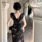 ruffled sleeves black floral dress summer long dress      S5838