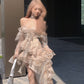 Ruffled off-shoulder chiffon dress irregular long party dress with train   S5911
