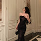 Printed strapless black dress new sexy mermaid long party dress       S5682