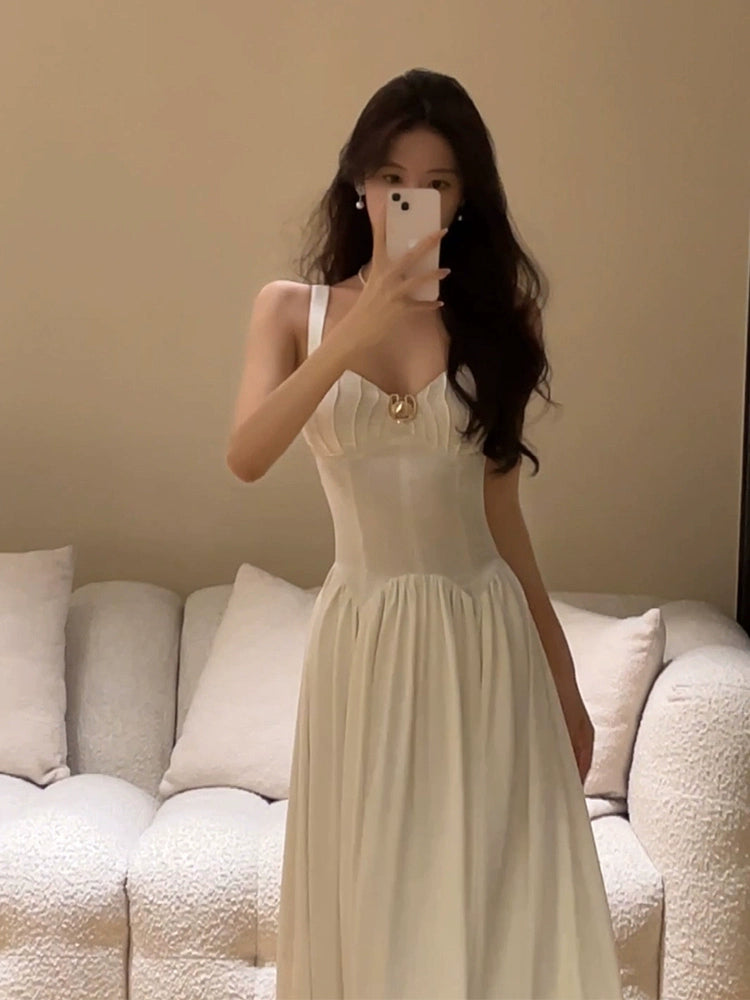 Design sexy white suspender dress summer fairy long dress     S5846