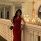 Red printed halter neck dress party dress    S5521