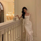 White satin suspender dress new ribbon backless split long party dress       S5681