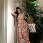 Beach vacation backless halter neck floral suspender dress sexy long dress      S5805