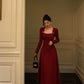 red square neck dress new retro long dress      S5557