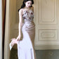 Satin printed mermaid dress long party dress      S6040