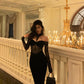 Black halter neck dress new sexy lace splicing velvet long dress     S5652