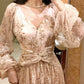 luxury V-neck sequined dress design puff sleeve long party dress    S6060