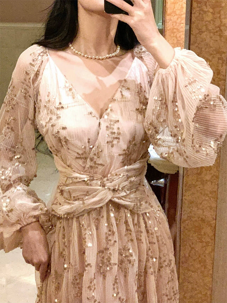 luxury V-neck sequined dress design puff sleeve long party dress    S6060