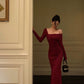 Red glitter dress new off-shoulder slit long party dress     S5646