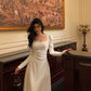 White square neck dress for women new style pleated waist party dress     S5584