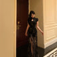 Black printed cheongsam dress new retro party dress     S5693