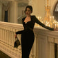 French Hepburn style velvet dress backless slit long dress party dress     S5696