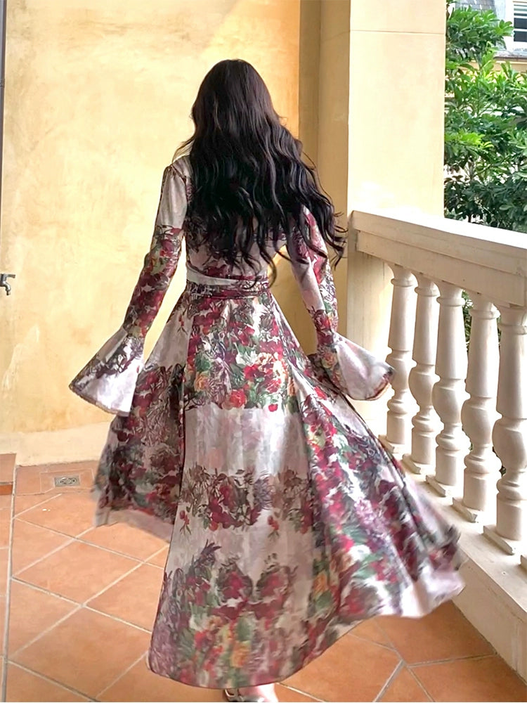 French retro printed dress layered long evening party dress     S5987