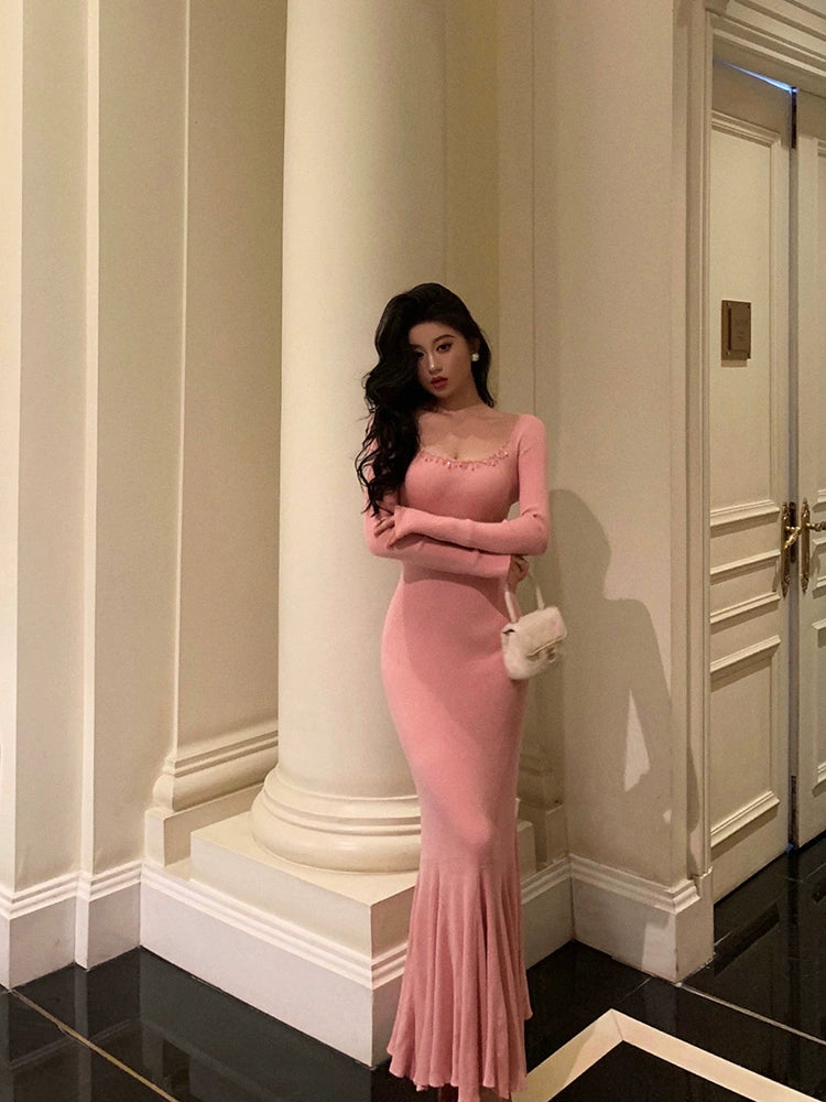 Pink knitted dress for women new style mermaid long party dress      S5578