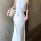 Silk splicing satin mermaid halter neck dress     S6037