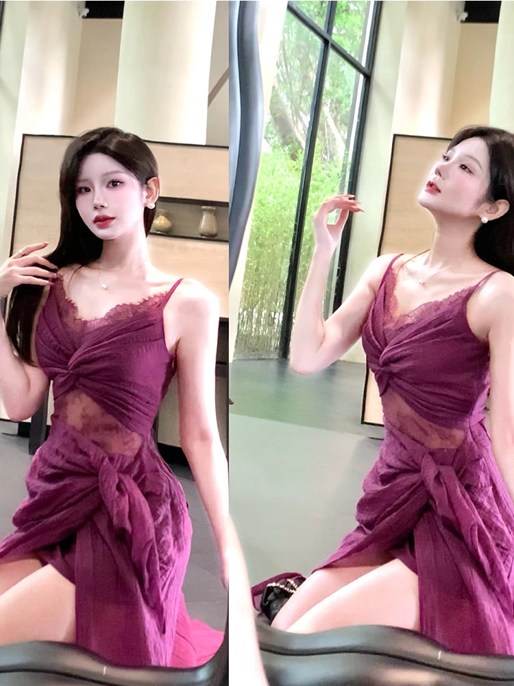 retro lace purple dress seaside holiday party dress     S6095